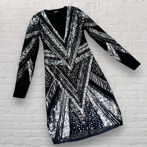 Express Sequin Silver Black Long Mesh Sleeve Mini Dress Holiday New Year…